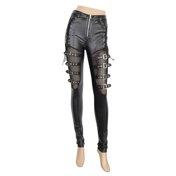 VINYL BUCKLE PANTS XS Devil Fashion Fishnet Cyber Goth Bikercore PVC PU Black - Picture 1 of 15